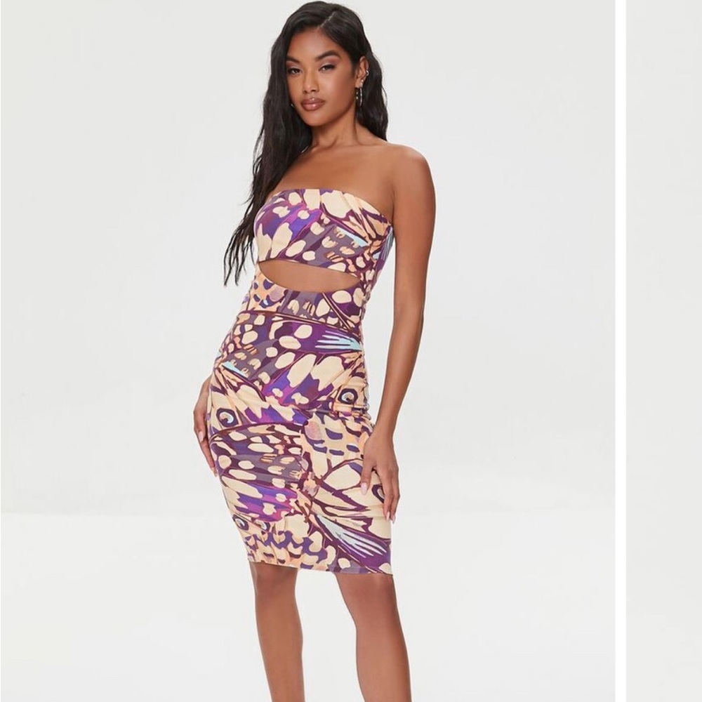 Multi color cut-out strapless dress.
